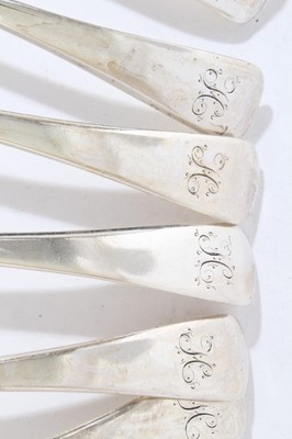 Lot 97 - Quantity of George III silver Old English pattern flatware, comprising twelve dinner forks, six dessert forks, six table spoon