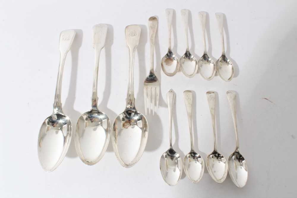 Lot 98 - Pair of George III silver fiddle and thread pattern table spoons (London 1811 / 1812) together with other silver flatware, (various dates and makers), all at 14oz