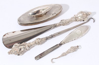 Lot 99 - George V silver and green guilloche enamel hand mirror (Birmingham 1931) together with two matching brushes, another silver and guilloche enamel hand mirror with two matching brushes and other silver