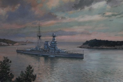 Lot 1 - Johann Seits (1887-1967) watercolour - a destroyer off the coast of Dubrovnik, signed, inscribed and dated 1934, in glazed gilt frame, 21cm x 29cm
