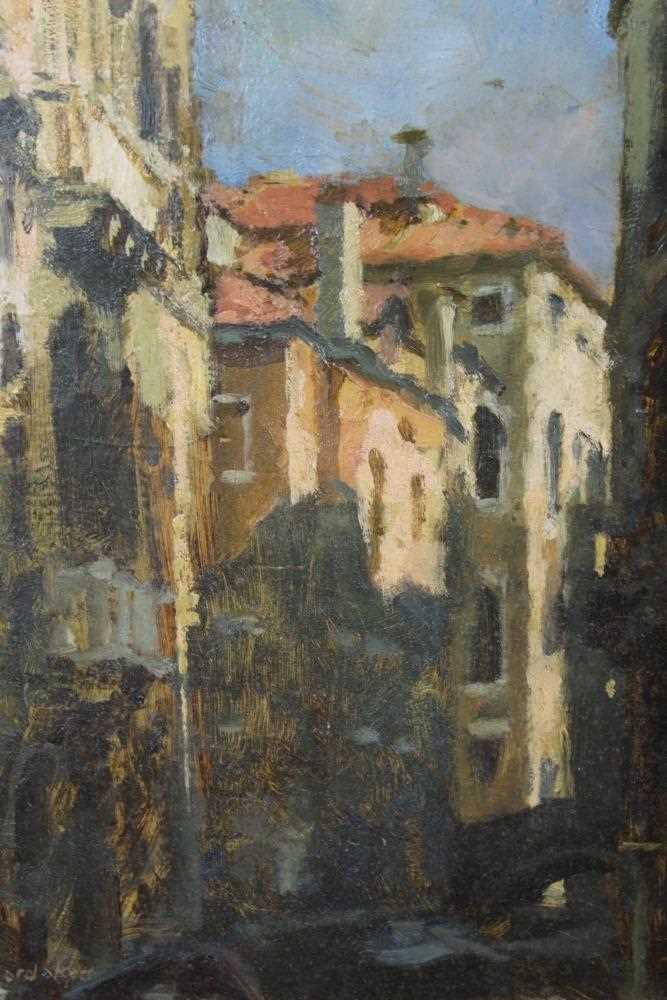 Lot 4 - Charles Hardaker (b.1934) oil on board - Sunlight and Shadows, Venice, signed, titled, signed and inscribed verso, framed, 20cm x 15.5cm