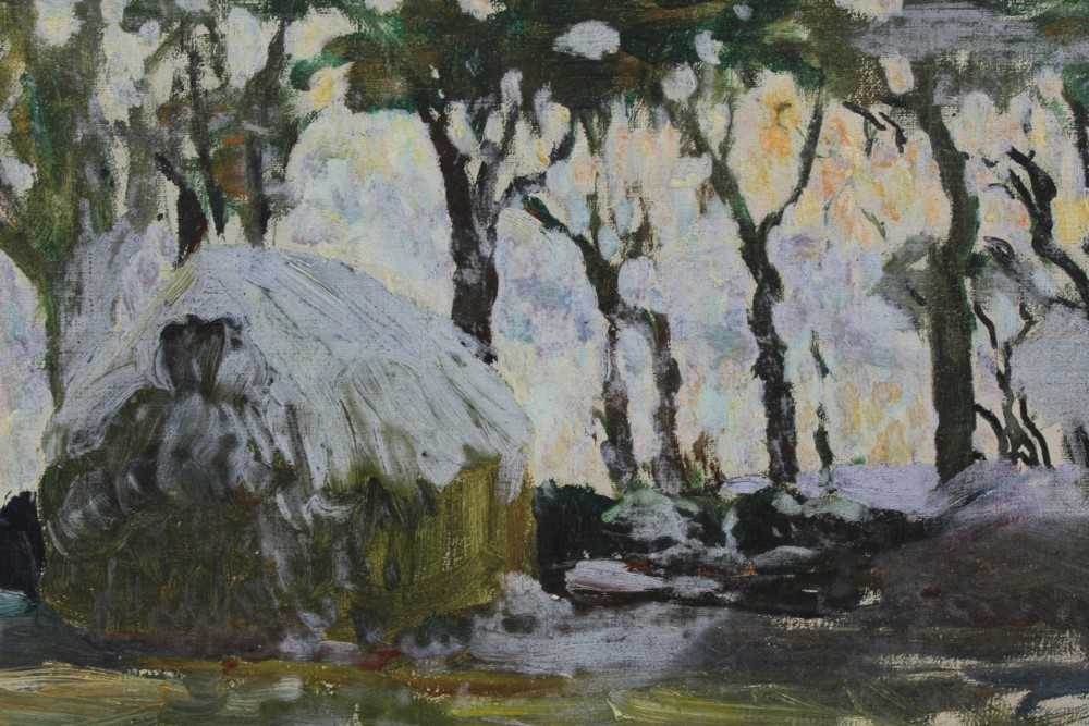 Lot 5 - Mid 20th century oil on canvas laid on board - winter haystack, in carved frame, 24cm x 32cm