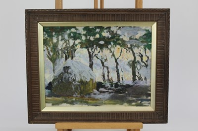Lot 5 - Mid 20th century oil on canvas laid on board - winter haystack, in carved frame, 24cm x 32cm