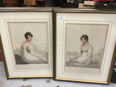 Lot 121 - Pair of 1820s engravings of ladies, four other Victorian engravings, pair of Grenadier prints and a 1920s watercolour signed Heidenreich