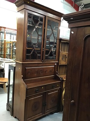 Lot 870 - Good quality late Victorian walnut escritoire bookcase with two bevelled glazed doors , fall flap with fitted interior , two drawers and two mon decorated doors below ,106 cm wide, 240cm high, 48 c...