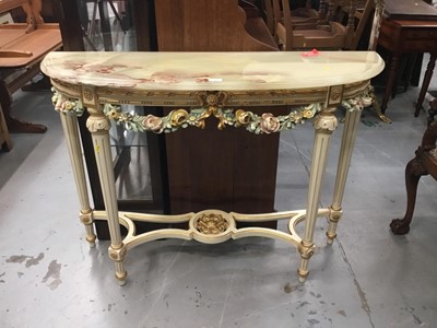 Lot 871 - Decorative painted console table with onyx top and carved floral frieze on reeded legs 116 cm wide, 86 cm high