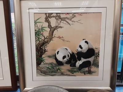 Lot 261 - Two Oriental embroidered pictures including pandas