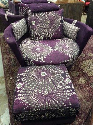 Lot 1034 - Pair Fama good quality contemporary purple upholstered circular armchairs and matching footstools