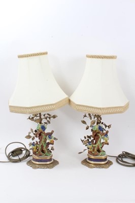 Lot 171 - Pair Sevres style porcelain bird lamps with shades