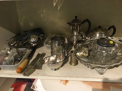 Lot 243 - Group of silver plated flatware together with a silver plated tea and coffee set and other metalware