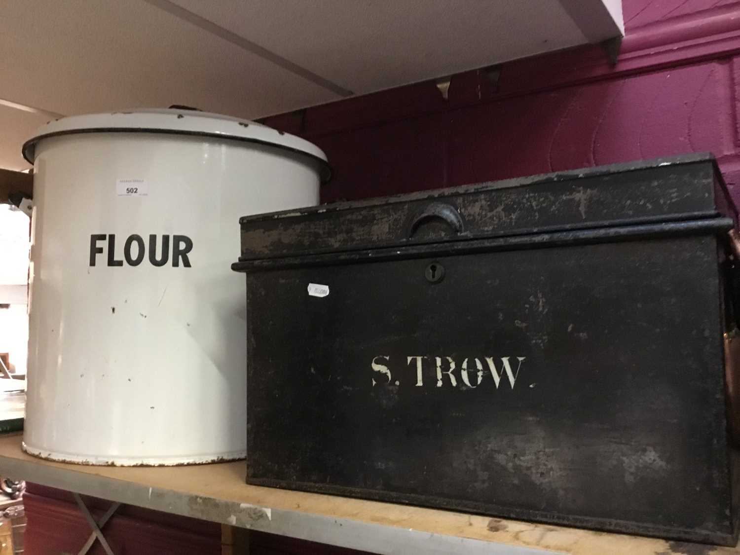 Lot 502 - Large enamel flour bin, together with a copper warming pan and deed box