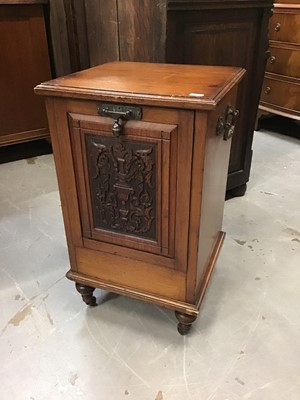 Lot 904 - Edwardian carved mahogany coal purdonium together with an oak Demi lune next of occasional tables