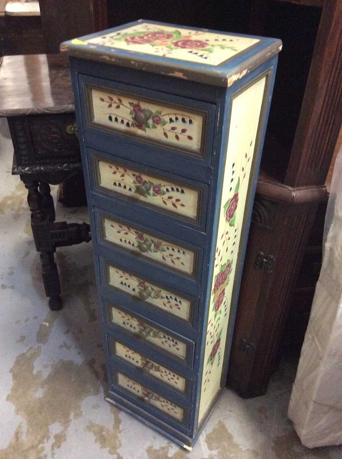 Lot 970 - Narrow tall chest of seven drawers with painted decoration