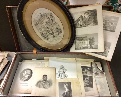 Lot 423 - Suitcase of antique engravings, mainly 19th century and some 18th century, framed George Cruikshank engraving- the Triumph of Cupid, A Reverie, together with Hogarth engraving and oil on canvas lan...