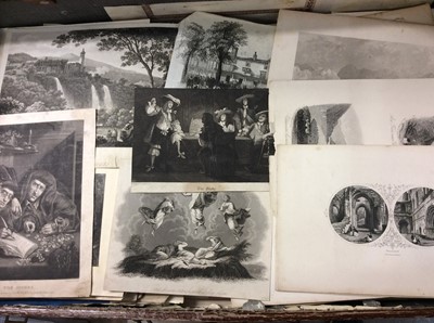 Lot 423 - Suitcase of antique engravings, mainly 19th century and some 18th century, framed George Cruikshank engraving- the Triumph of Cupid, A Reverie, together with Hogarth engraving and oil on canvas lan...