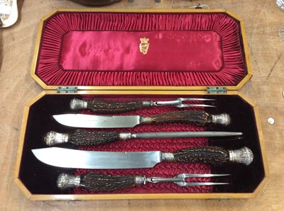 Lot 460 - Good Quality Edwardian five piece carving set in fitted mahogany case by Wingfield Rowbotham & Co