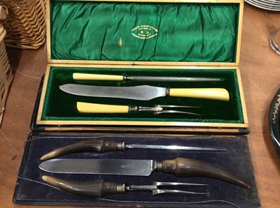 Lot 490 - Three piece steel carving set with horn handles in fitted case together with another similar set by Joseph Rogers of Sheffield (2 sets)