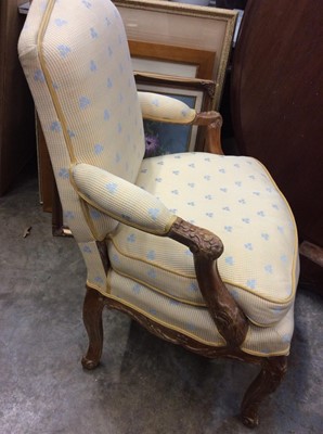 Lot 964 - Antique French open arm chair upholstered in Bernard Thorp fabric