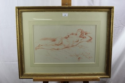 Lot 30 - 20th century, conte crayon drawing on paper - a reclining female nude, indistinctly signed, in glazed gilt frame, 28cm x 45cm
