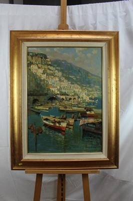 Lot 31 - Mid 20th century Italian School oil on canvas - The Amalfi Coast, indistinctly signed, in gilt frame, 70cm x 51cm
