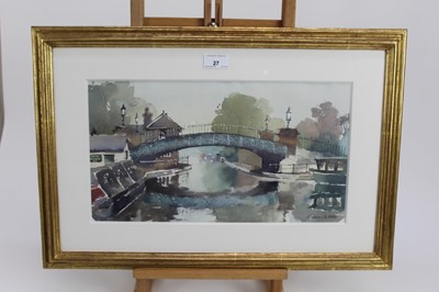 Lot 27 - Maurice Hill, contemporary, watercolour - The Horse Bridge, Little Venice, signed, in glazed gilt frame, 23cm x 42cm