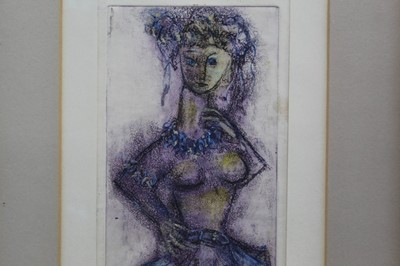 Lot 29 - Yahuda Bacon (b.1929) signed hand coloured etching - Dancing Girl, 1961 provenance verso, in glazed frame, 25cm x 12cm