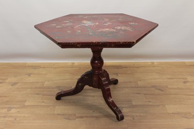 Lot 699 - Early 20th century Japanese red lacquer hexagonal occasional table with inlaid  abolone shell and painted floral decoration