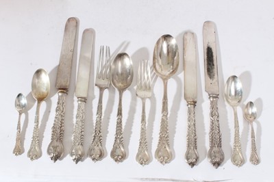 Lot 156 - A fine early 20th century Tiffany & Co Sterling silver Florentine pattern canteen of cutlery comprising: ten dinner forks, seventeen dessert forks, ten silver handled dinner knives, eleven silver h...