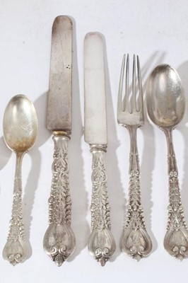 Lot 156 - A fine early 20th century Tiffany & Co Sterling silver Florentine pattern canteen of cutlery comprising: ten dinner forks, seventeen dessert forks, ten silver handled dinner knives, eleven silver h...