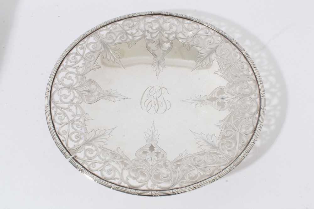 Lot 154 - American Sterling silver circular dish with foliate pierced border and central engraved monogram, stamped to underside Shreve, Crump & Low Co., 30.5cm diameter, 18ozs