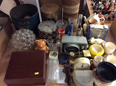 Lot 402 - Mixed china and glass, German pottery vase, two animal skin drums, brass postal scales, box of printing blocks and sundries