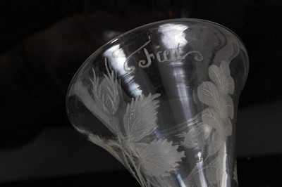 Lot 163 - Georgian wine glass, c.1750, the drawn trumpet bowl with Jacobite engraving and inscribed 'FIAT', on a plain stem above a folded conical foot, 13.75cm height