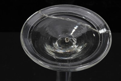 Lot 163 - Georgian wine glass, c.1750, the drawn trumpet bowl with Jacobite engraving and inscribed 'FIAT', on a plain stem above a folded conical foot, 13.75cm height
