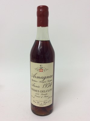 Lot 25 - Armagnac - one bottle, J. Nismes-Delclou 1934, bottled in 1990, 700ml, 40%, in Berry Bros. wooden case with related ephemera