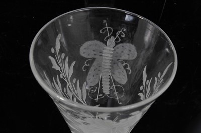 Lot 158 - Georgian double series opaque twist wine glass, c.1765, the trumpet bowl etched with flowers and a moth, over a stem consisting of four spiral threads outside gauze, above a conical foot, 16.5cm he...