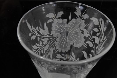 Lot 158 - Georgian double series opaque twist wine glass, c.1765, the trumpet bowl etched with flowers and a moth, over a stem consisting of four spiral threads outside gauze, above a conical foot, 16.5cm he...