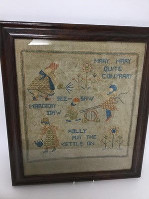 Lot 330 - Charming 1920s needlework sampler depicting nursery rhymes, in glazed rosewood veneered frame