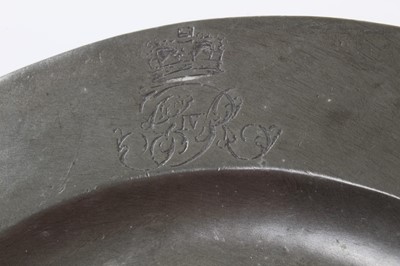 Lot 7 - H.M.King George IV , early 19th century pewter plate with engraved crowned GR IV cipher to border , ' London Superfine ' and other marks to underside including hand written inscription ' From the R...
