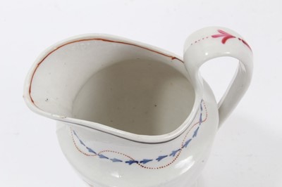 Lot 141 - A rare Keeling and Co Low Bucket Shaped cream jug, circa 1795, pattern number 292, and four helmet shaped cream jugs, circa 1795