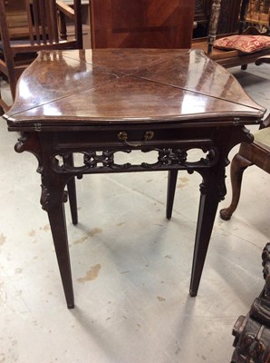 Lot 932 - Early 20th century mahogany envelope top card table with pierced carved decoration. 61cm wide