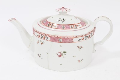 Lot 105 - A Keeling type oval teapot and cover, decorated en grisaille, pattern number 91, a globular teapot and cover and an oval teapot and cover, both painted in famille rose palette