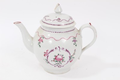 Lot 139 - A Keeling type oval teapot and cover, decorated en grisaille, pattern number 91, a globular teapot and cover and an oval teapot and cover, both painted in famille rose palette