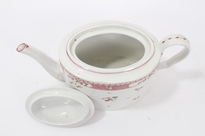 Lot 175 - A Keeling type oval teapot and cover, decorated en grisaille, pattern number 91, a globular teapot and cover and an oval teapot and cover, both painted in famille rose palette