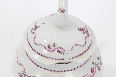 Lot 175 - A Keeling type oval teapot and cover, decorated en grisaille, pattern number 91, a globular teapot and cover and an oval teapot and cover, both painted in famille rose palette