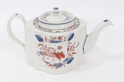 Lot 140 - A Keeling type serpentine sided teapot and cover, painted in Imari palette, pattern number 141, circa 1795, and a matching milk jug
