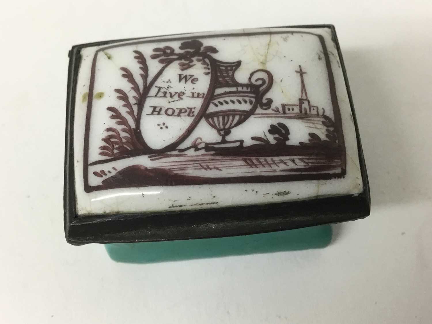 Lot 1 - Ideal Christmas present for 2020: A South Staffordshire enamel rectangular patch box 'We Live in Hope', circa 1800-10