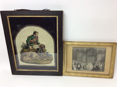 Lot 42 - Fine Victorian silk and woolwork embroidered picture depicting H.R.H. Prince Albert with fishing equipment and Irish Wolf hound at his feet in original reeded ebonised frame , 48 x 39.5 cm and Vict...