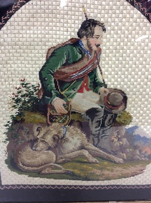 Lot 42 - Fine Victorian silk and woolwork embroidered picture depicting H.R.H. Prince Albert with fishing equipment and Irish Wolf hound at his feet in original reeded ebonised frame , 48 x 39.5 cm and Vict...