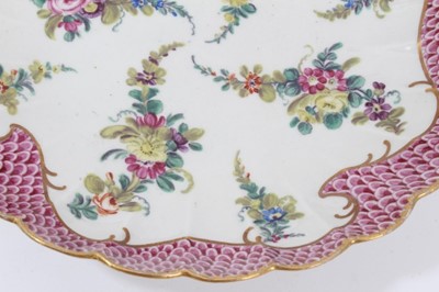Lot 84 - Worcester pink scale bordered saucer dish, the porcelain circa 1770