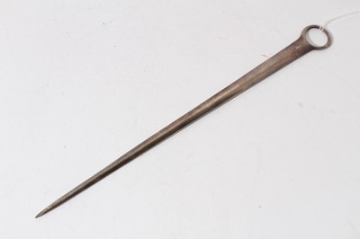 Lot 9 - George III silver meat skewer of conventional form with engraved crest, (London 1809) 2.5oz, 33cm in length